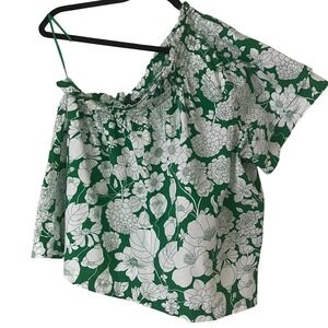 NWT J.Crew One-Shoulder Top Green and White Floral Sz L Smocked Neckline
